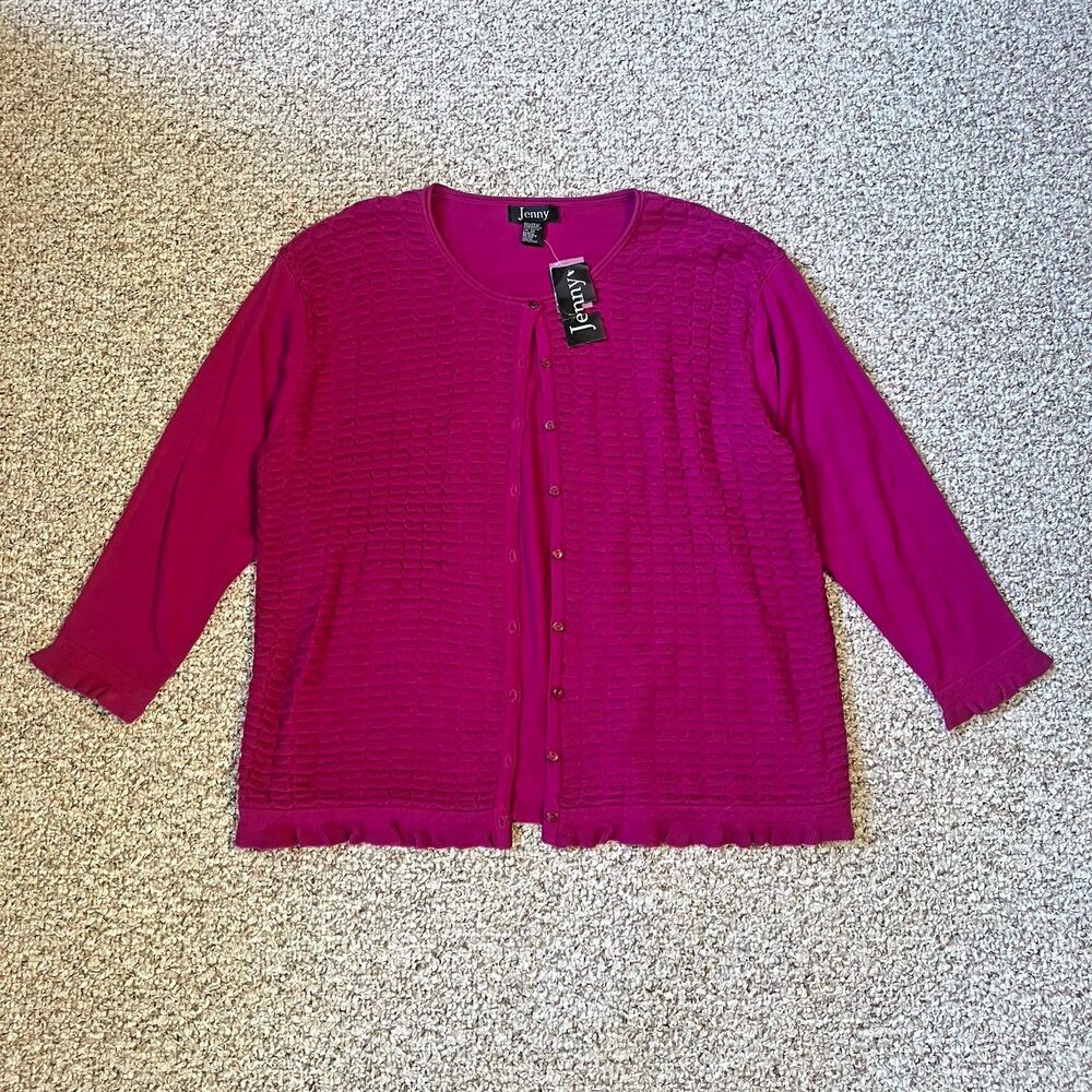 NWT Jenny Womens Cardigan Sweater Plus Size 3X Magenta Feminine Ruffle Buttons